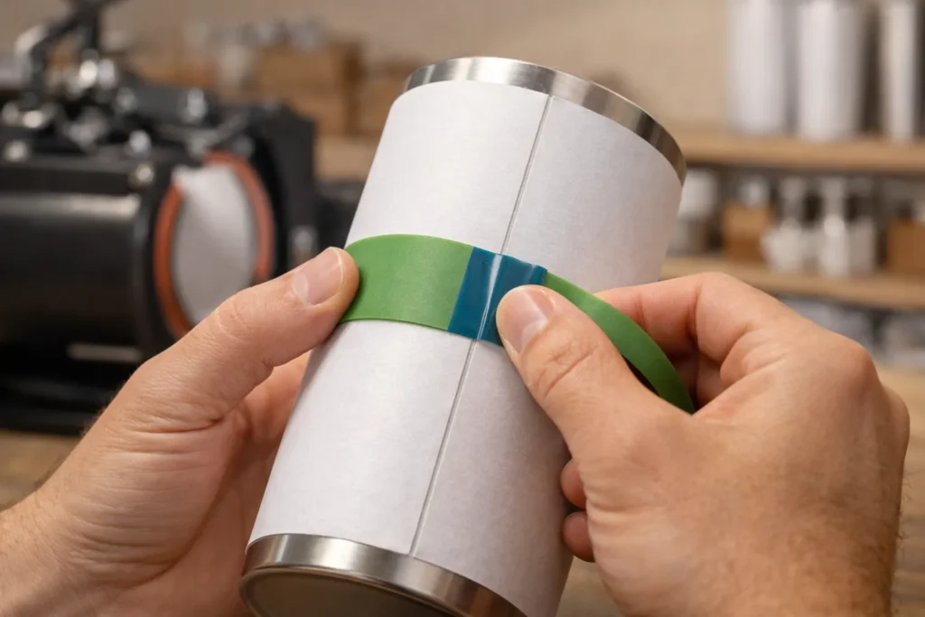 Hands securing a sublimation tumbler wrap with tape and a silicone band, showing tight alignment and even pressure along the seam.
