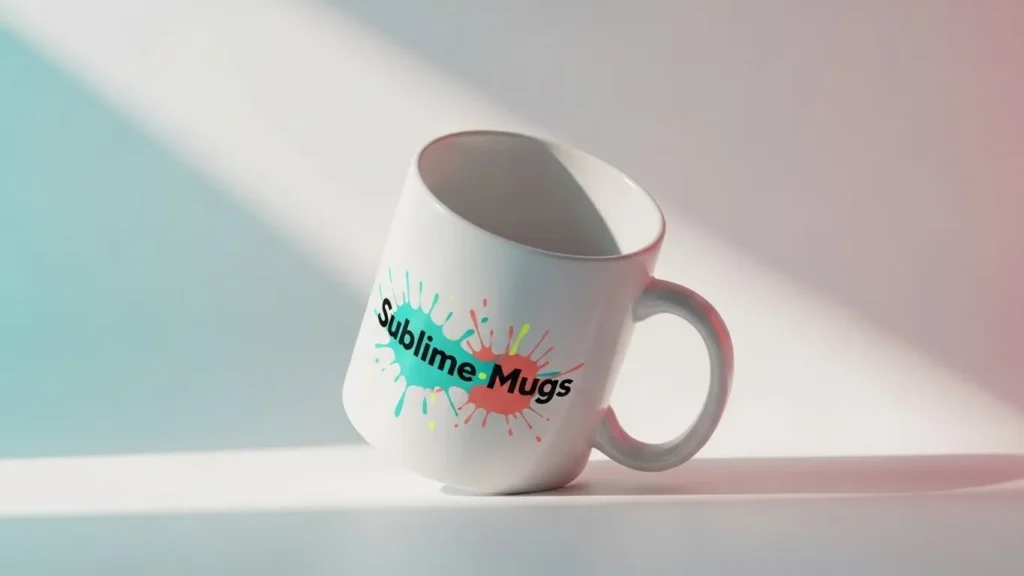 Close‑up of a glossy 600 ml porcelain mug showcasing a full‑splatter logo in vivid colors, lit by soft left‑side light on a neutral backdrop.