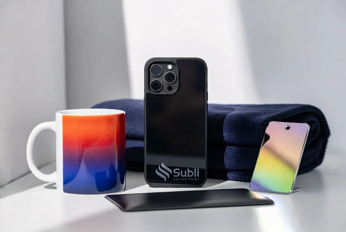 Close‑up composition of five high‑quality sublimation items a mug, phone case, blanket, vinyl panel, and metal tag arranged on a white surface with soft lighting and the Subli Genius Print brand visible.