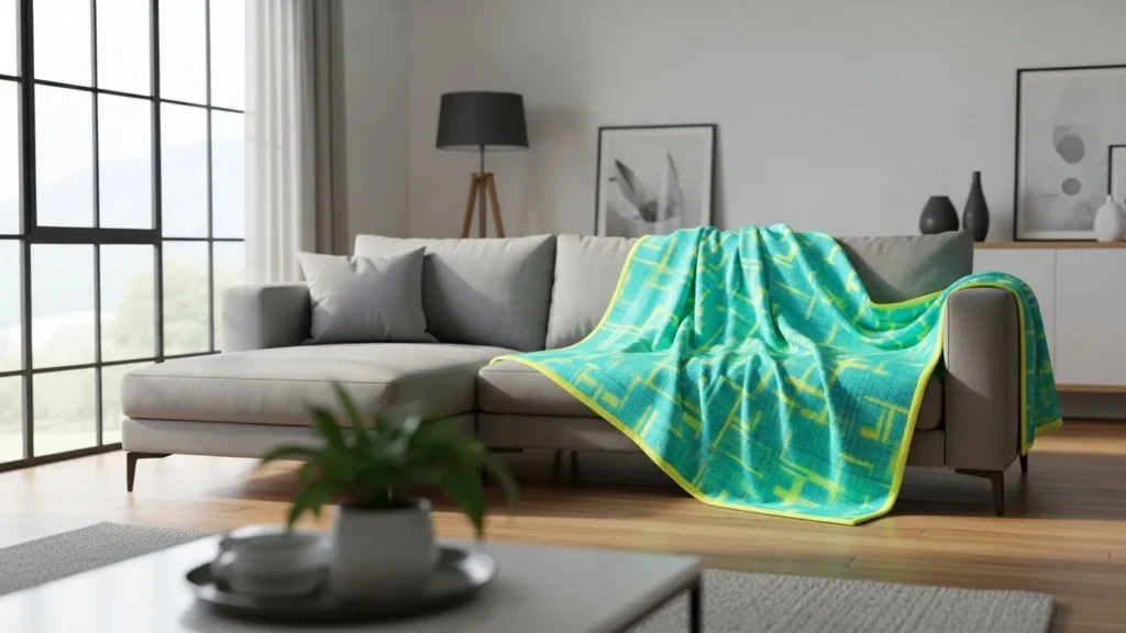 Vibrant turquoise and neon‑yellow Zappy‑Blanket draped as a decorative throw over a modern gray sectional sofa, illuminated by gentle daylight from a large window.