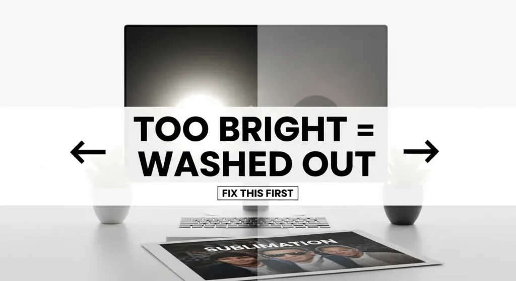 Overly bright computer screen compared to a properly dimmed display next to a washed-out sublimation print, illustrating brightness mismatch.