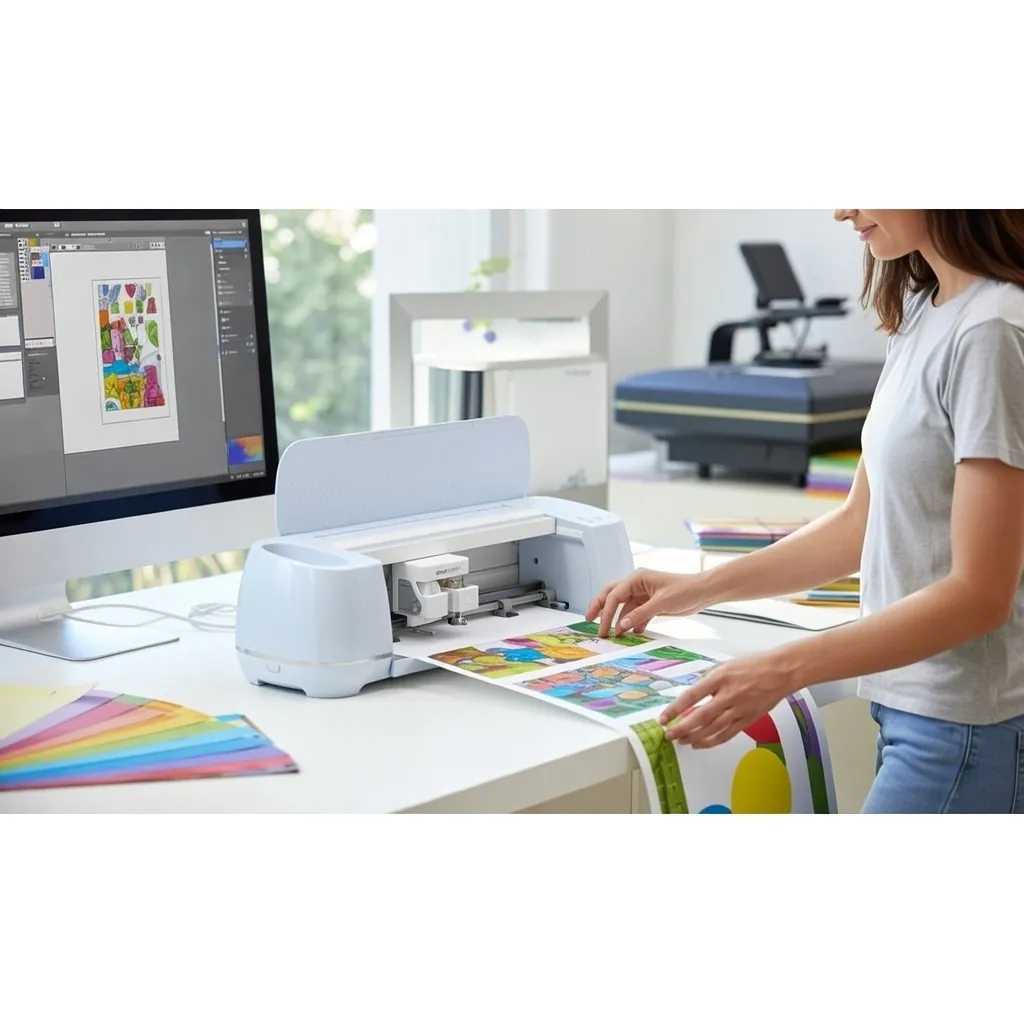 Person in casual clothes pressing a custom t-shirt design with a heat press machine, natural daylight filling the realistic sublimation printing studio.