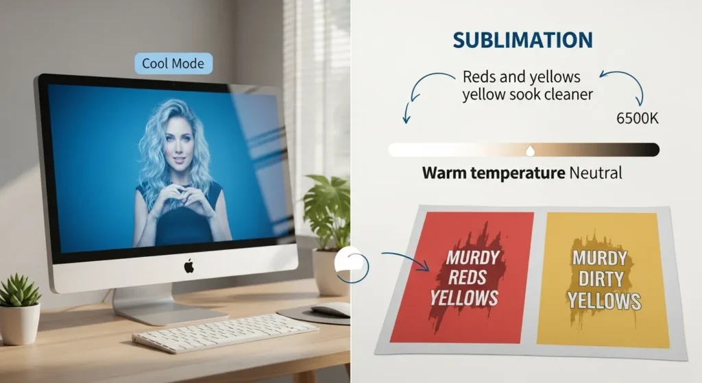 Infographic showing how cool screen color temperature causes warm tones to print incorrectly.