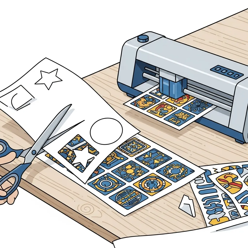 Cooled sublimation sticker sheet being cut into individual stickers using scissors and a cutting machine.