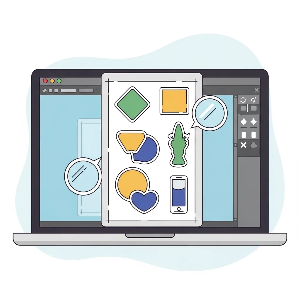 Sticker design setup on a computer screen showing clean edges, correct canvas size, and mirrored artwork for sublimation stickers.