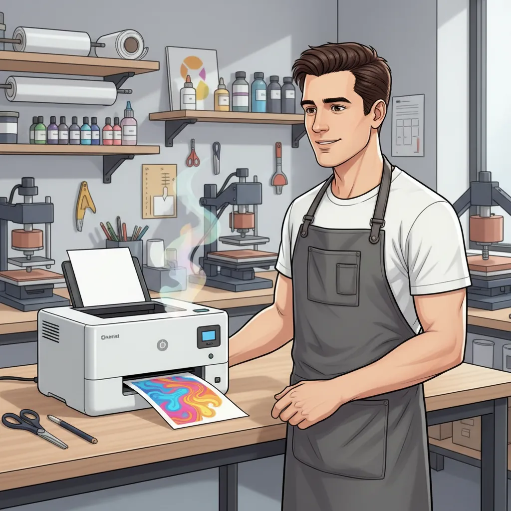Sublimation expert using a dye sublimation printer as a colorful design prints onto transfer paper in a workshop.