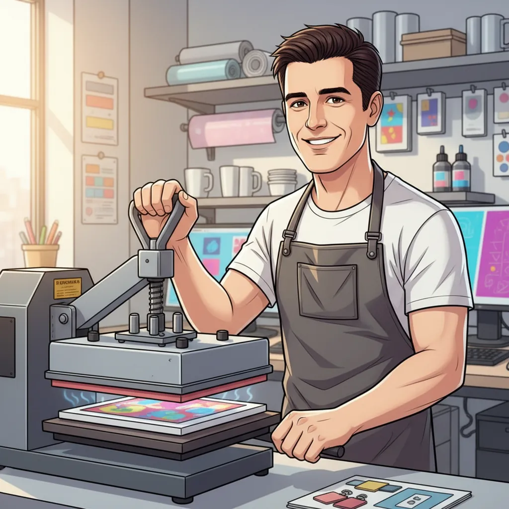 Sublimation printing expert using a heat press machine to transfer a design onto a plastic blank.