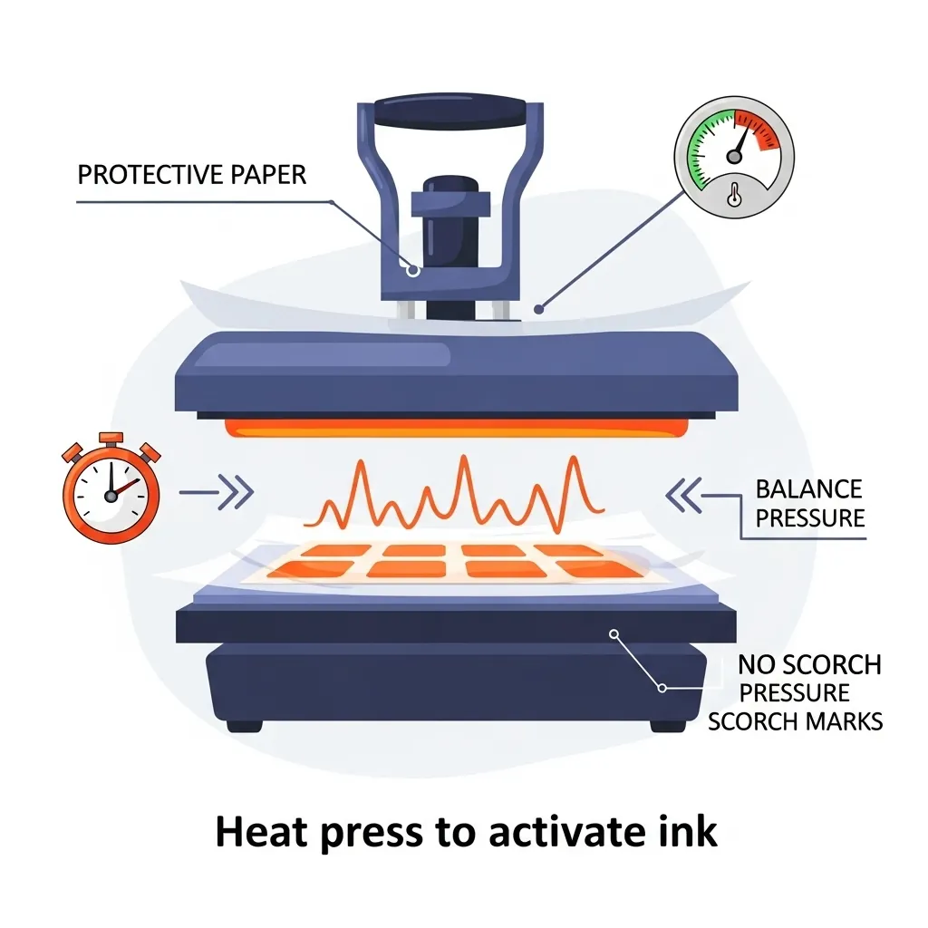 Heat press applying controlled heat and pressure to a sublimation sticker sheet protected with parchment paper.