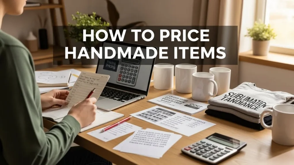 A handmade business owner calculating prices for custom products at a home workspace with sublimation blanks and a pricing calculator visible.