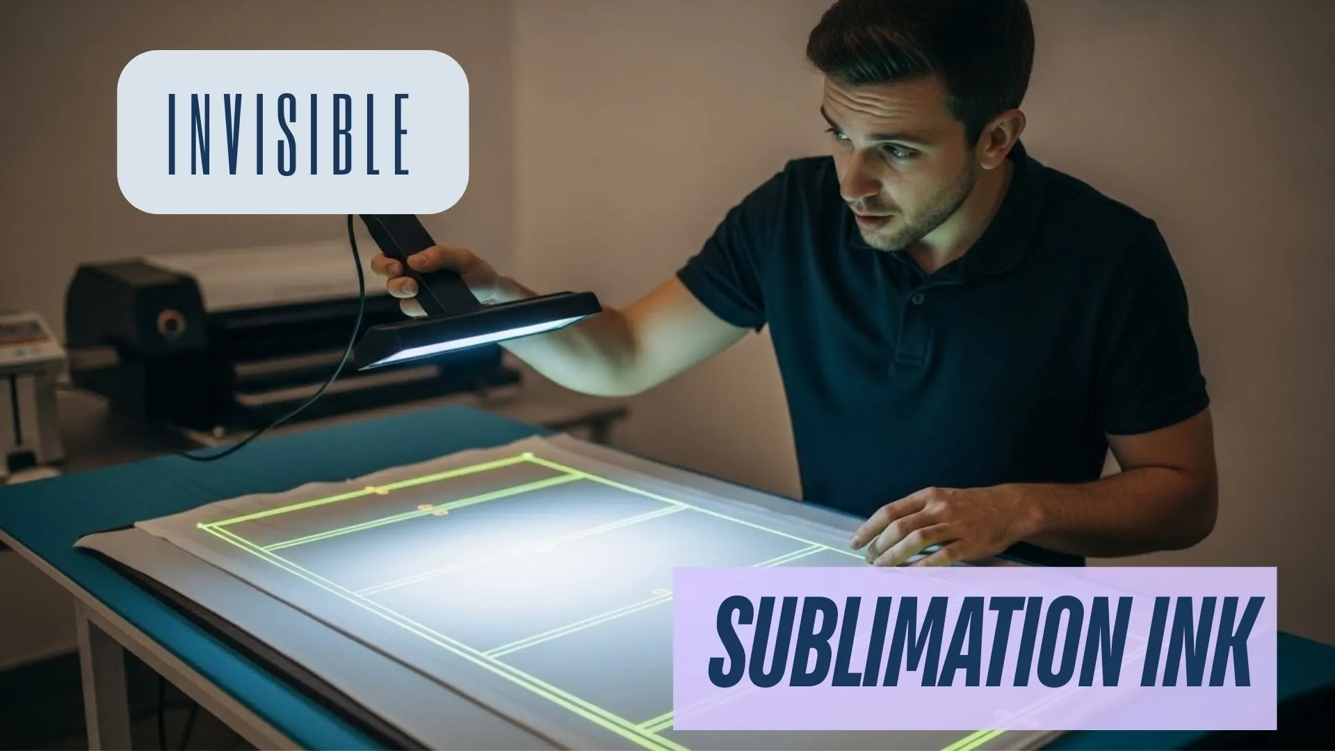 Printer using a black light to reveal invisible sublimation ink guides on fabric.