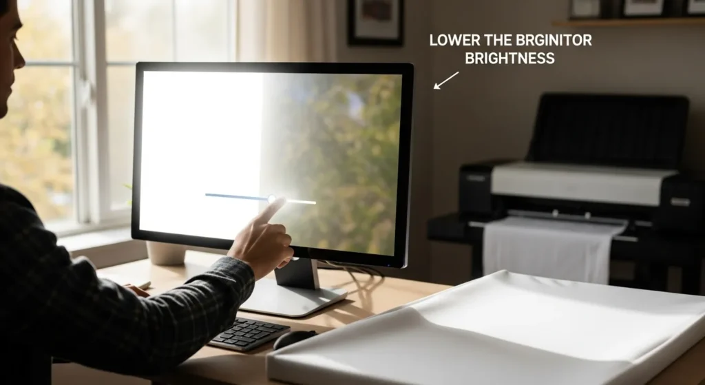 Adjusting monitor brightness to match real white fabric under daylight.