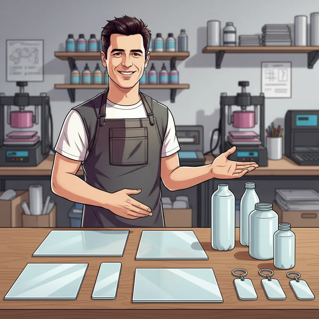 Sublimation expert presenting polyester-coated and sublimation-compatible plastic blanks on a workshop table.