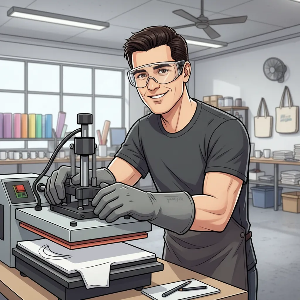 Sublimation expert wearing heat-resistant gloves and protective eyewear in a well-ventilated workspace.