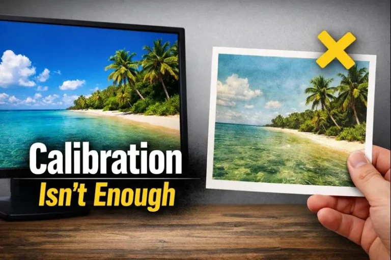 Calibrated computer screen showing vibrant colors next to a dull sublimation print with visible color mismatch.