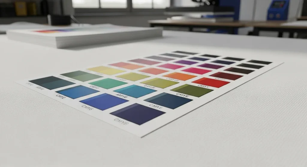 Sublimation color chart heat pressed on white polyester fabric under natural daylight.