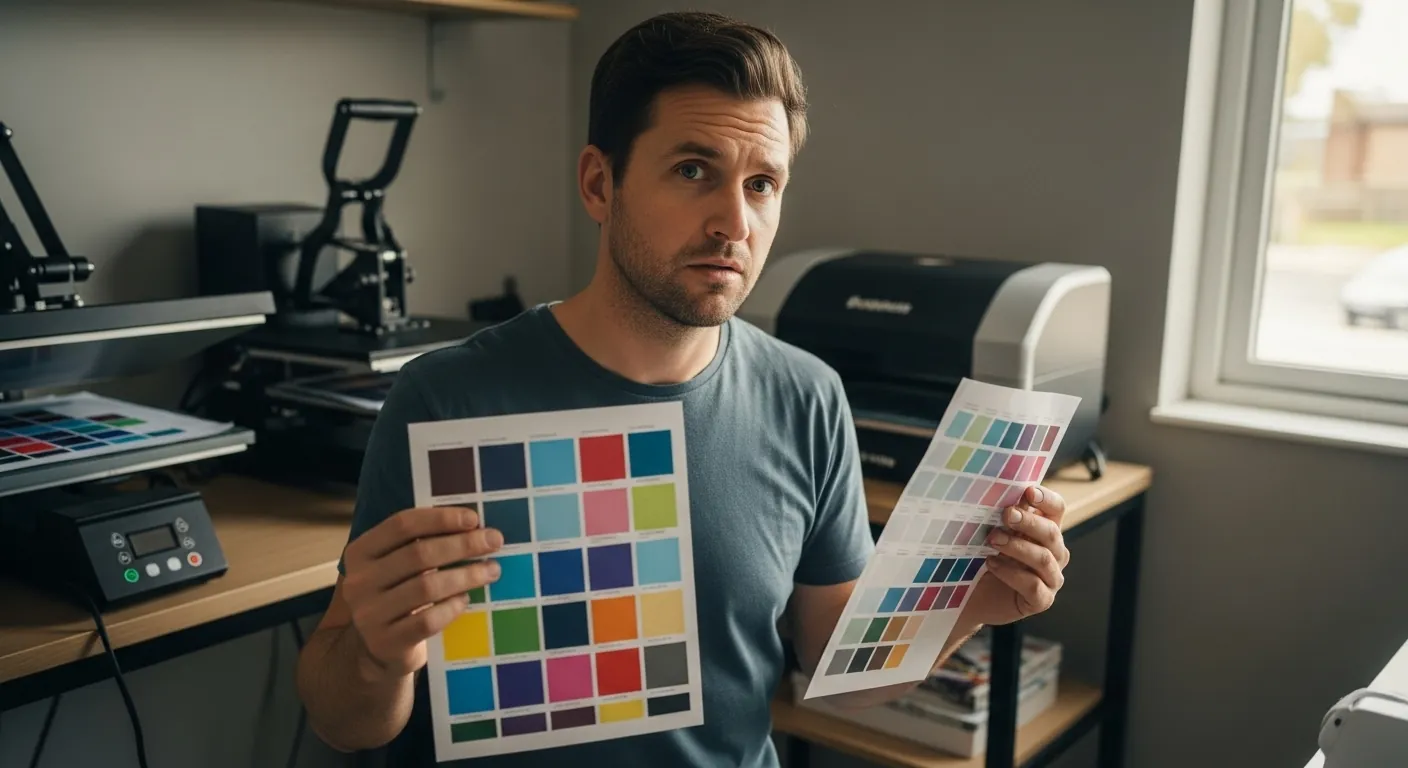 A sublimation printer comparing a fabric print to a color chart with the text “Sublimation Color Problems Solved”.