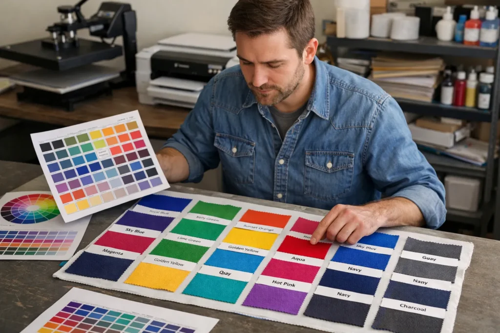 Man reviewing sublimation color swatches and printed palettes on a worktable in a small print studio, with polyester fabric samples arranged in labeled rows under soft natural daylight.