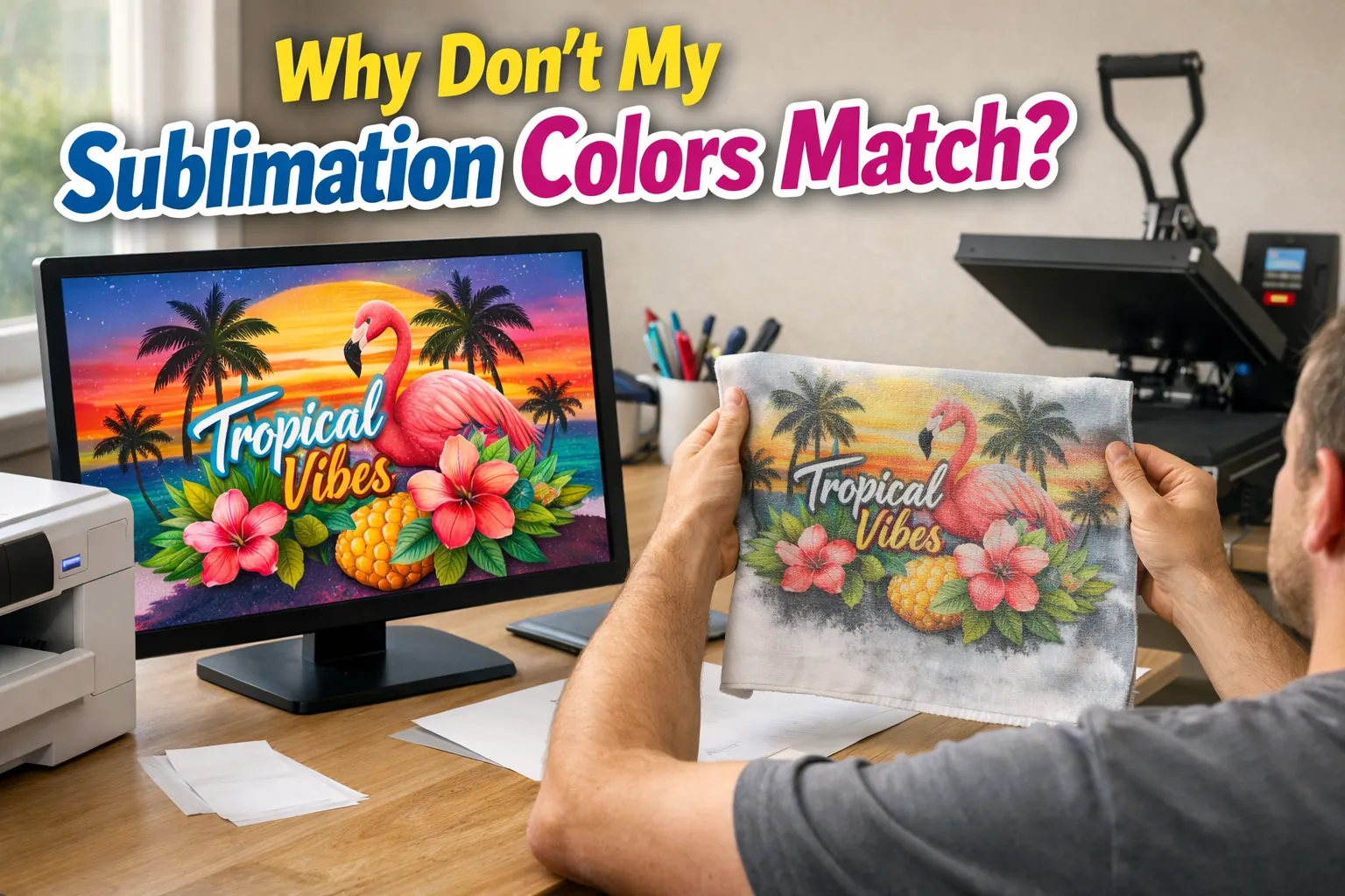 Person comparing a bright computer monitor design with a faded sublimation print on fabric at a home workspace, heat press visible in the background.