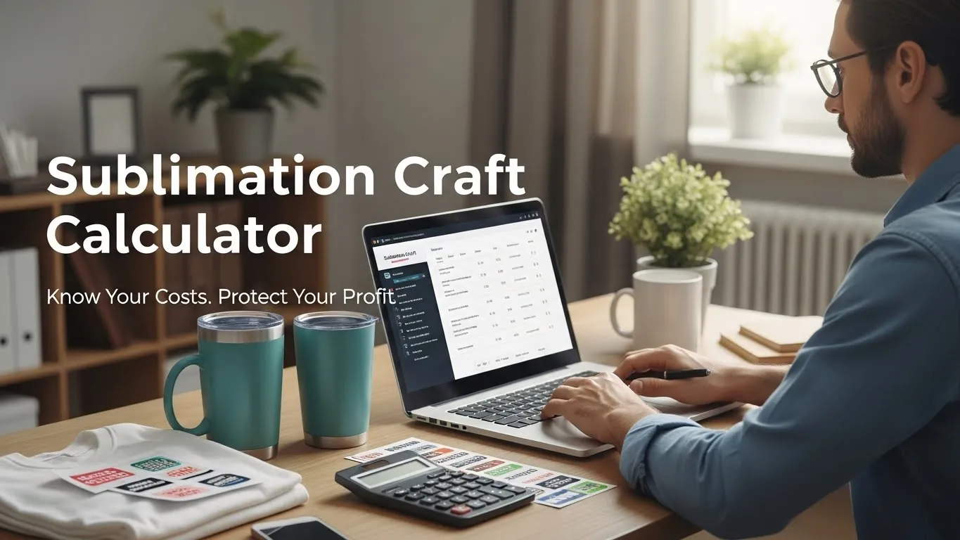 A business owner using a sublimation craft calculator on a laptop with mugs and blanks on a worktable, showing cost and profit planning.