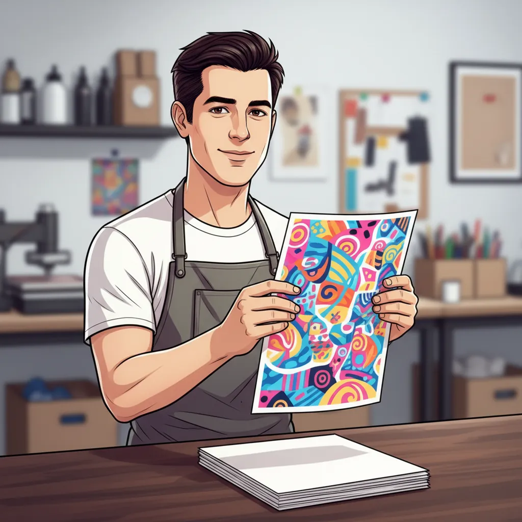 Sublimation expert holding printed sublimation paper with a mirrored design on a clean worktable.