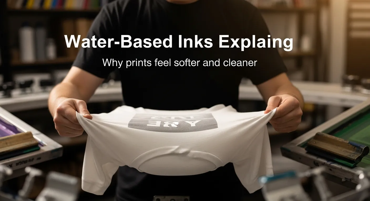 A screen printer holding a cotton t-shirt to show the soft feel of water-based ink with the text “Water-Based Inks Explained.”