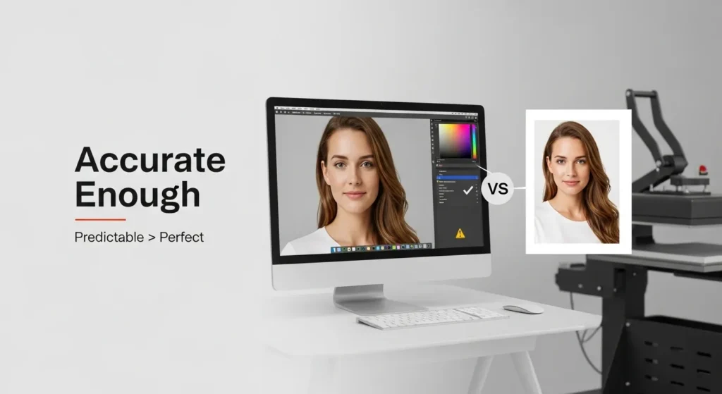 Calibrated computer screen next to a sublimation print showing small, predictable color differences in a print studio setting.