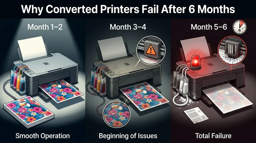 Timeline graphic showing a converted printer working at month one and failing by month six due to clogs, banding, and white ink issues.