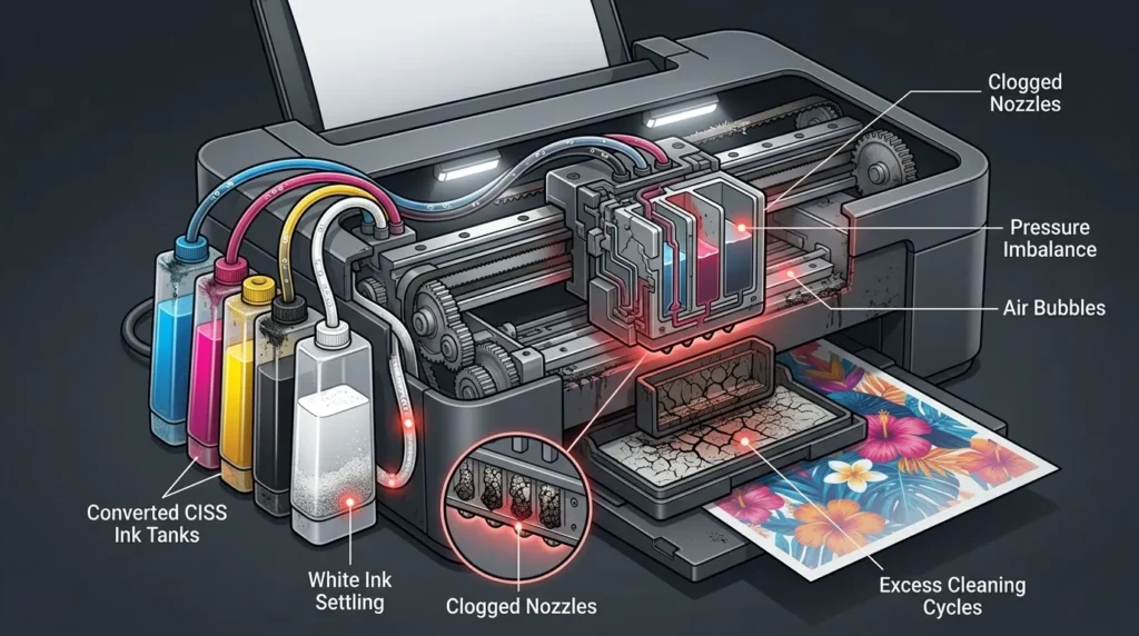 Cutaway illustration of a converted printer showing clogged printhead, white ink sediment, and pressure imbalance after six months of use.