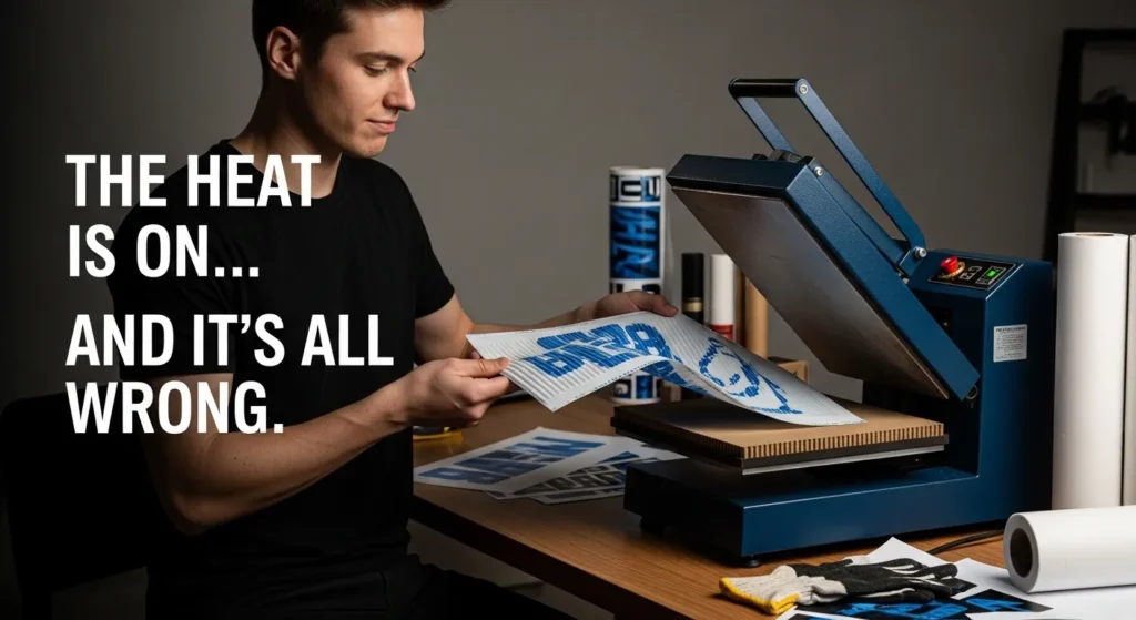 Person removing a warped corrugated plastic sheet from a heat press in a sublimation workspace, showing a failed sublimation attempt with bold text overlay.