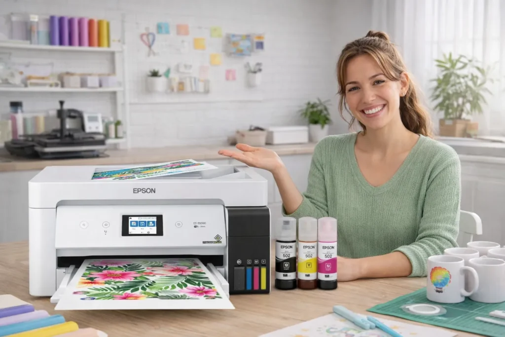 Woman showcasing Epson EcoTank ET-15000 wide-format printer in a sublimation craft room setup.