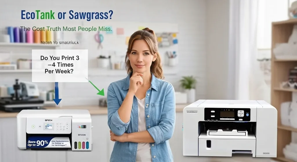 Vertical flowchart graphic showing person choosing between EcoTank and Sawgrass printers.