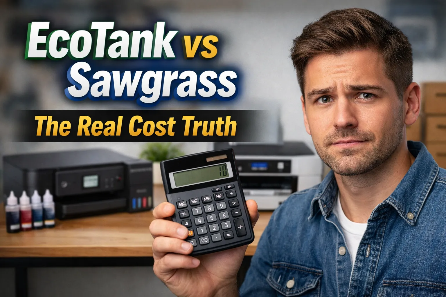 Person holding calculator between two sublimation printers with bold text comparing EcoTank and Sawgrass costs.