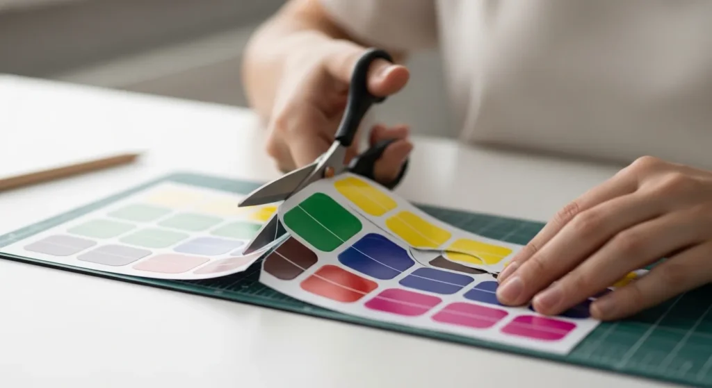 Hand cutting sublimation sticker paper with scissors after printing