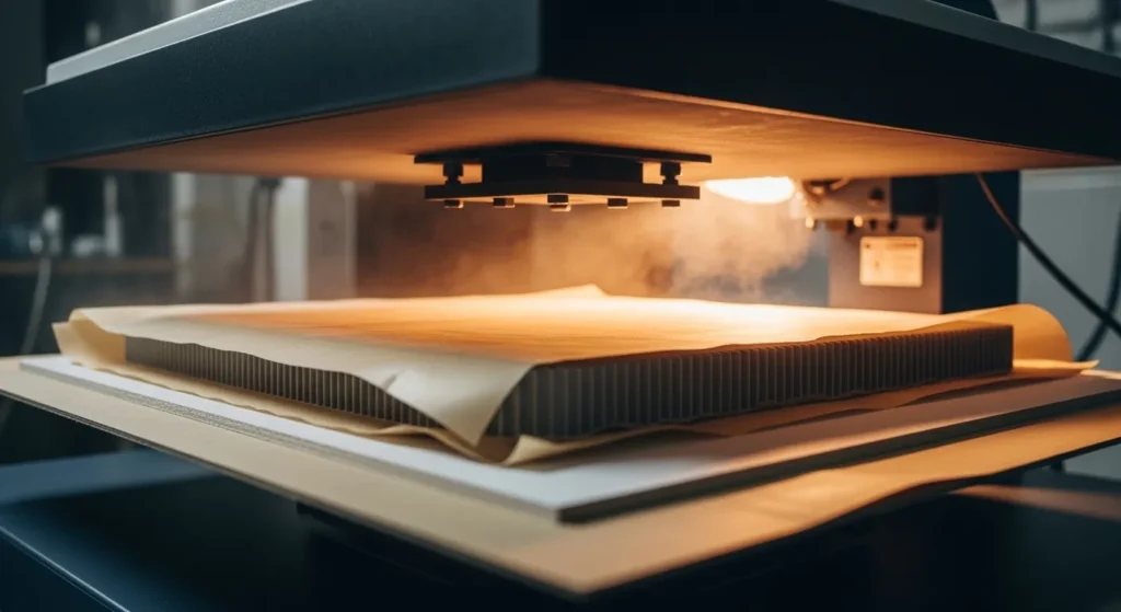 Heat pressing coated corrugated plastic with protective paper and support board.