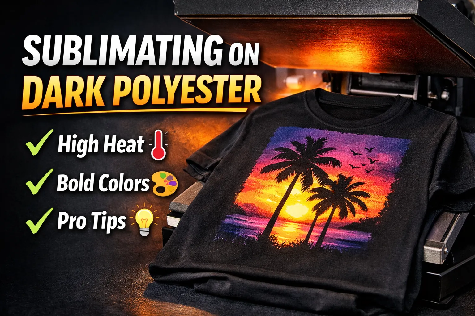 Black polyester T-shirt being sublimated in a heat press with a vibrant sunset design on dark fabric.