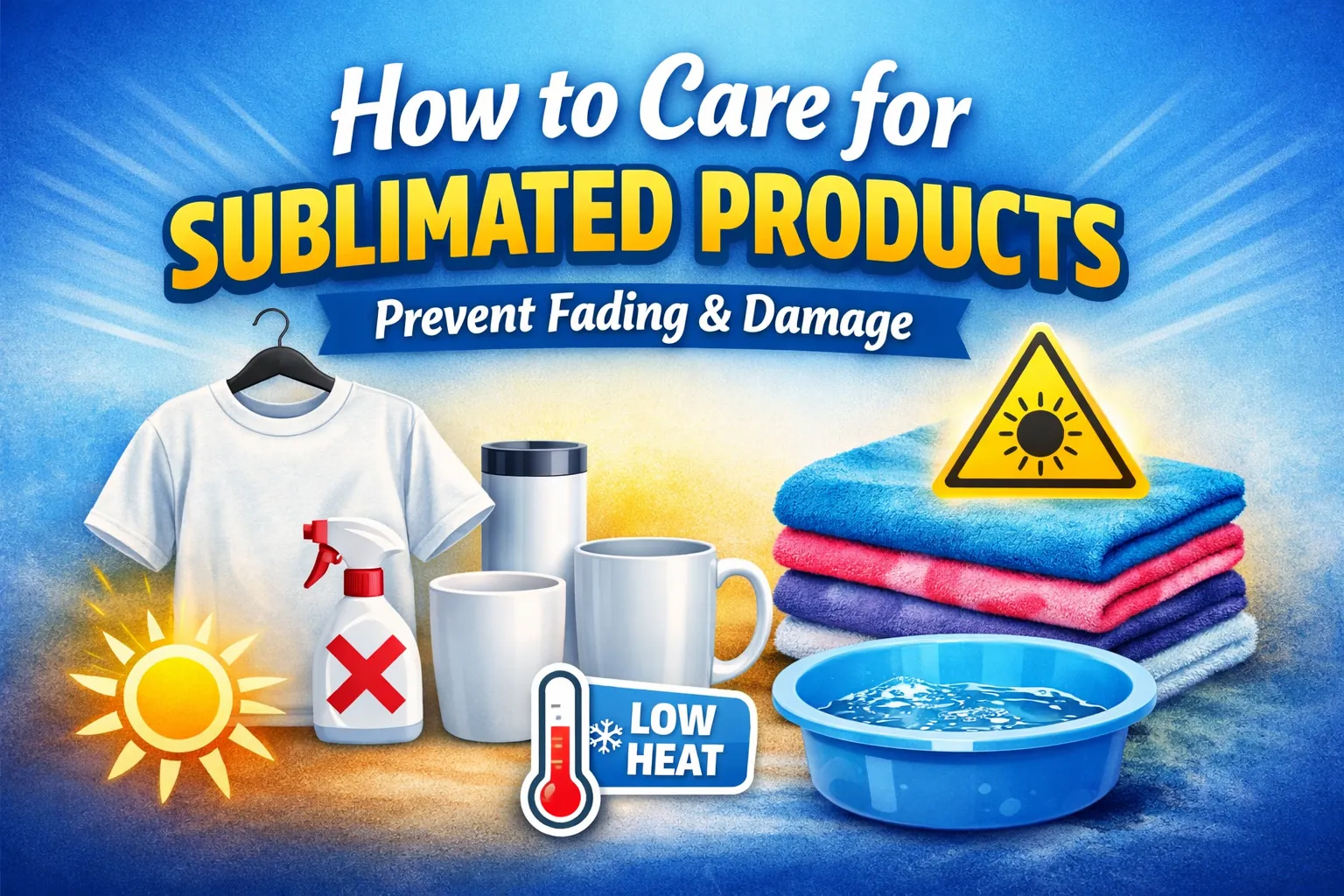 Sublimated shirt, mugs, and tumbler with sunlight and low heat care symbols