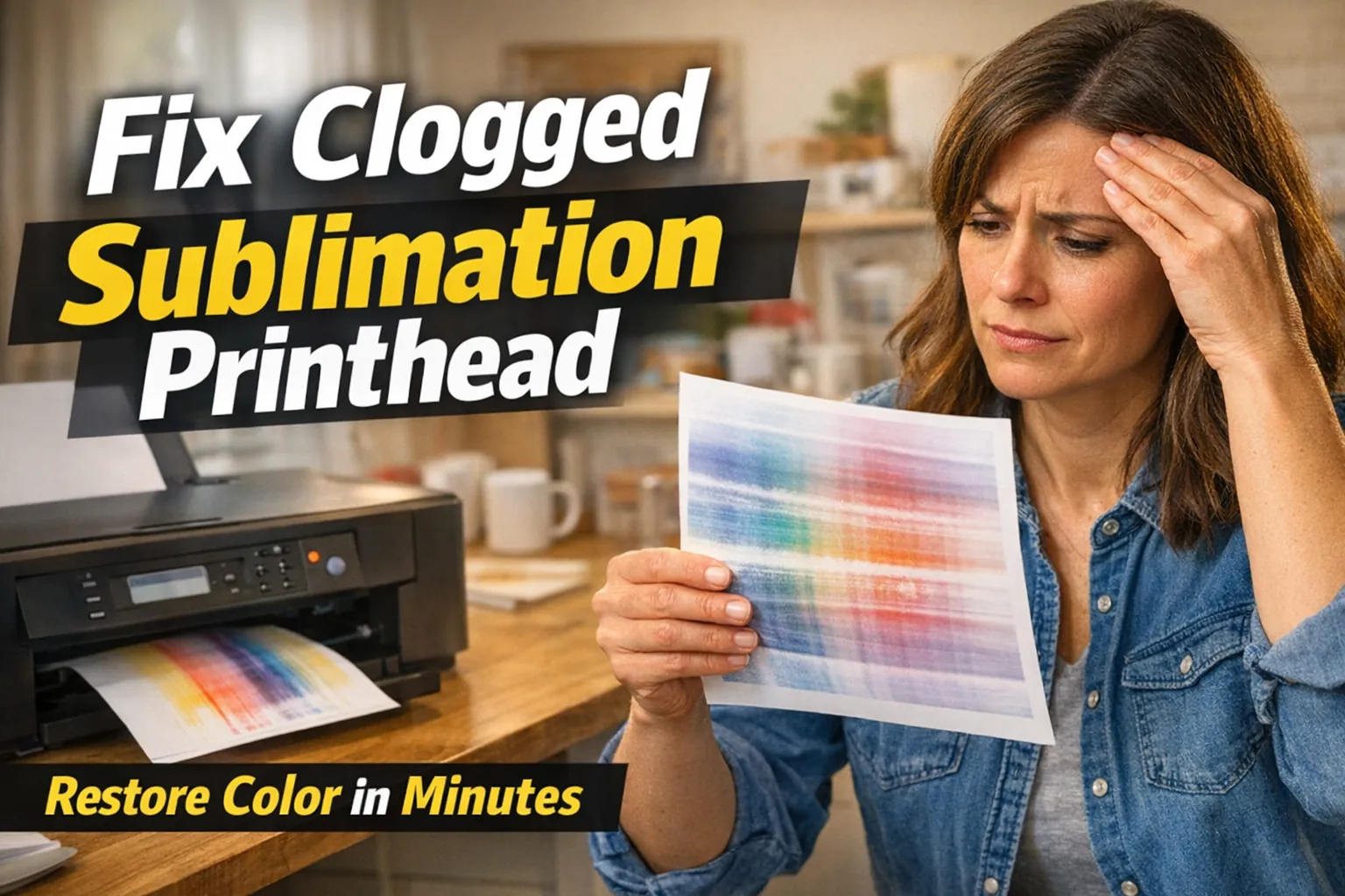 Frustrated printer user holding a faded banded sublimation print with bold title text “Fix Clogged Sublimation Printhead.”