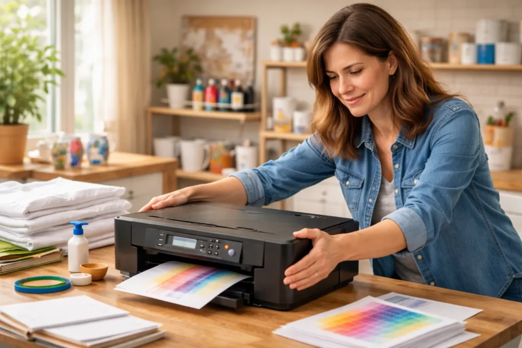Woman setting up a sublimation printer on a bright craft table with transfer paper and finished sublimation mugs in natural daylight.