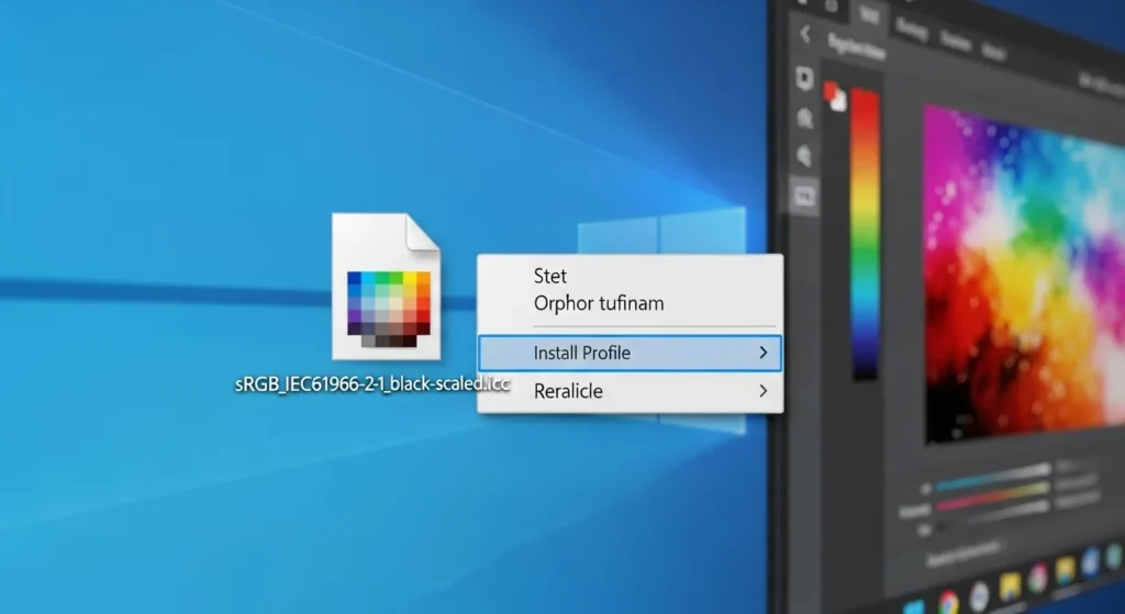 Windows right-click menu showing Install Profile option for an ICC color profile file.