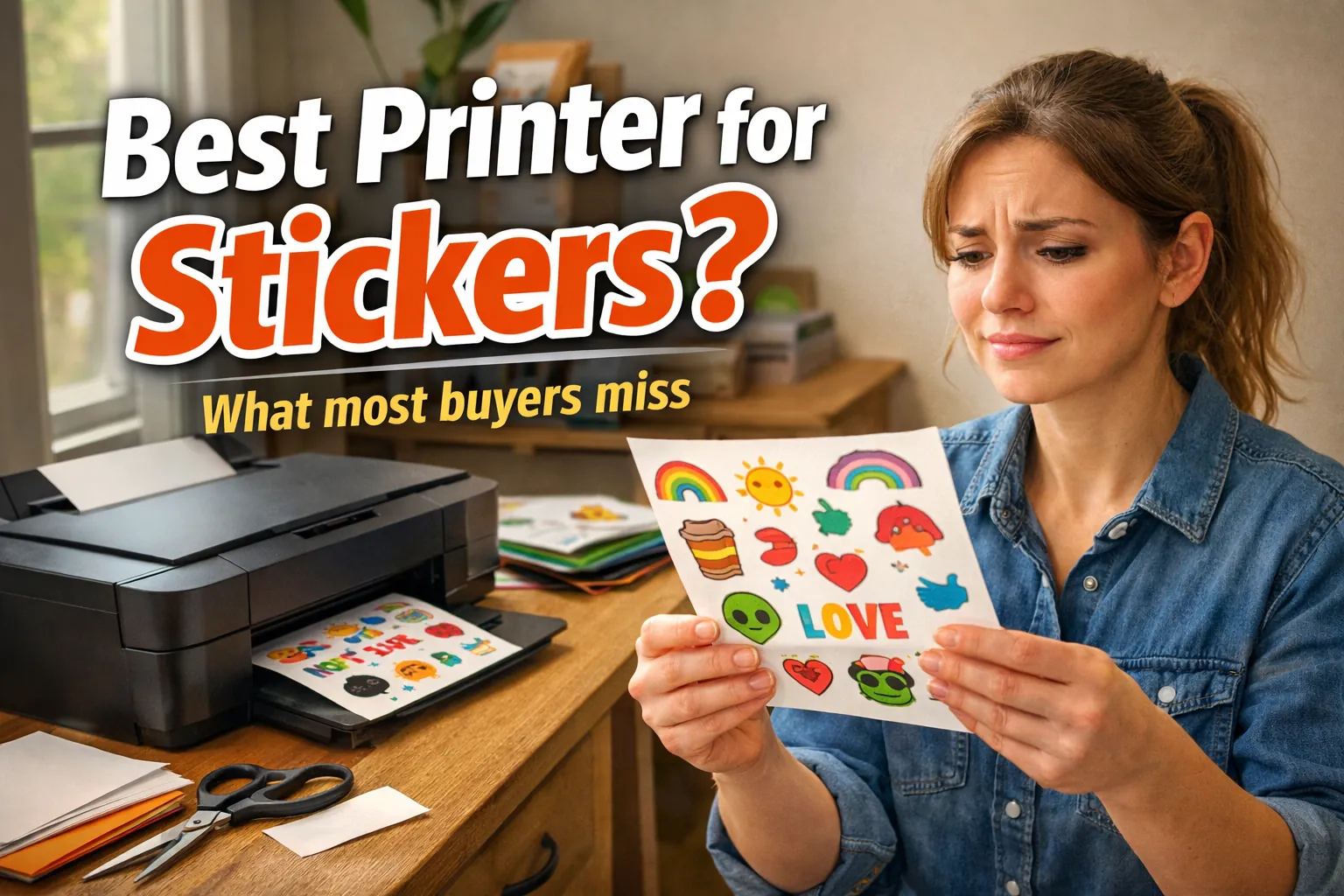 Person holding printed sticker sheets next to a home printer with bold text reading “Best Printer for Stickers?”