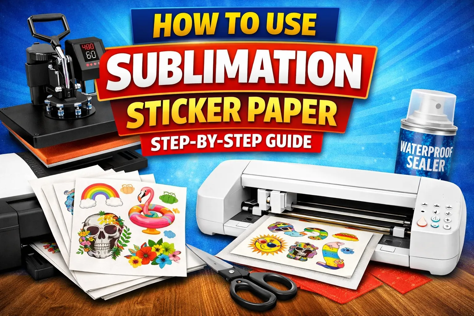 How to use sublimation sticker paper showing heat press, printed sticker sheets, cutting machine, and waterproof sealer