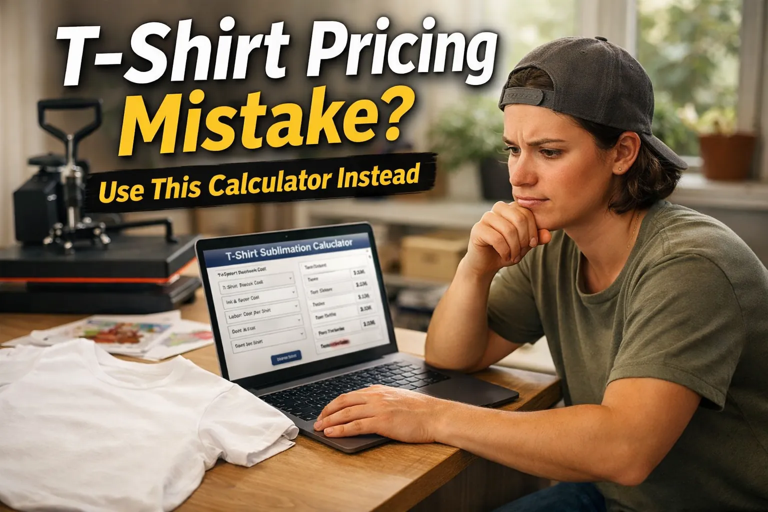 Small business owner reviewing a sublimation T-shirt pricing calculator on a laptop with blank shirt and heat press on desk.