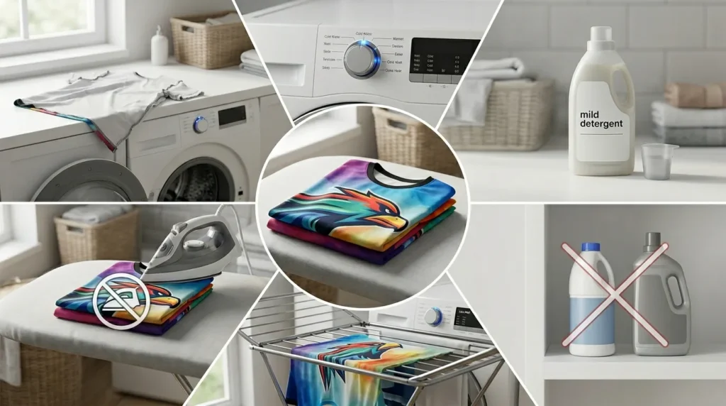 Six-step visual guide showing how to wash sublimated apparel using cold water, mild detergent, low heat, and no direct ironing.