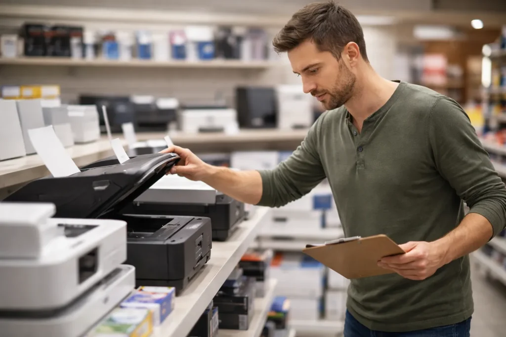 Man comparing inkjet printers on a store shelf before buying
