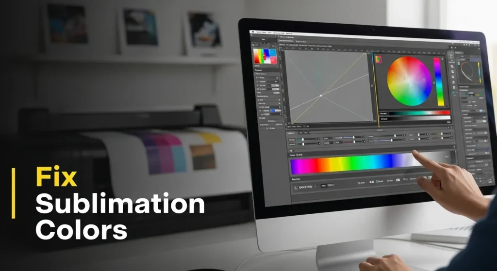 A clean digital workspace with a computer monitor displaying a color correction interface (curves, color wheels, or ICC profile settings).