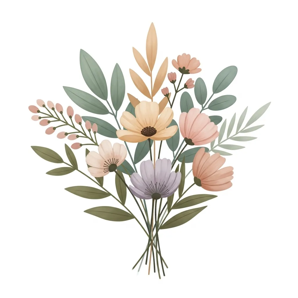 Hand-painted wildflower bouquet sticker with soft pastel and earthy tones.