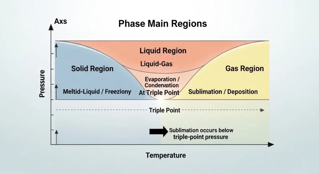Phase diagram showing solid, liquid, and gas regions with boundary lines and the triple point where all phases meet.