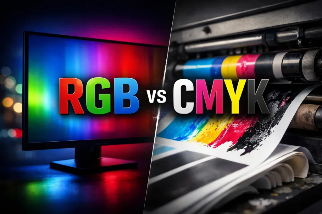 Split-screen thumbnail showing a glowing RGB computer monitor on the left and a CMYK printing press with ink on paper on the right, with bold text reading “RGB vs CMYK.”