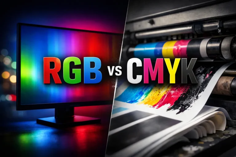 Split-screen thumbnail showing a glowing RGB computer monitor on the left and a CMYK printing press with ink on paper on the right, with bold text reading “RGB vs CMYK.”
