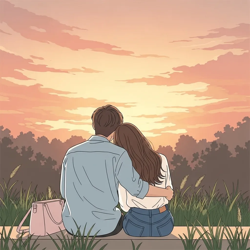 A simple illustrated scene of a couple sitting together in a calm outdoor setting, such as a park or sunset backdrop, using clean outlines, muted warm tones, and gentle shading.